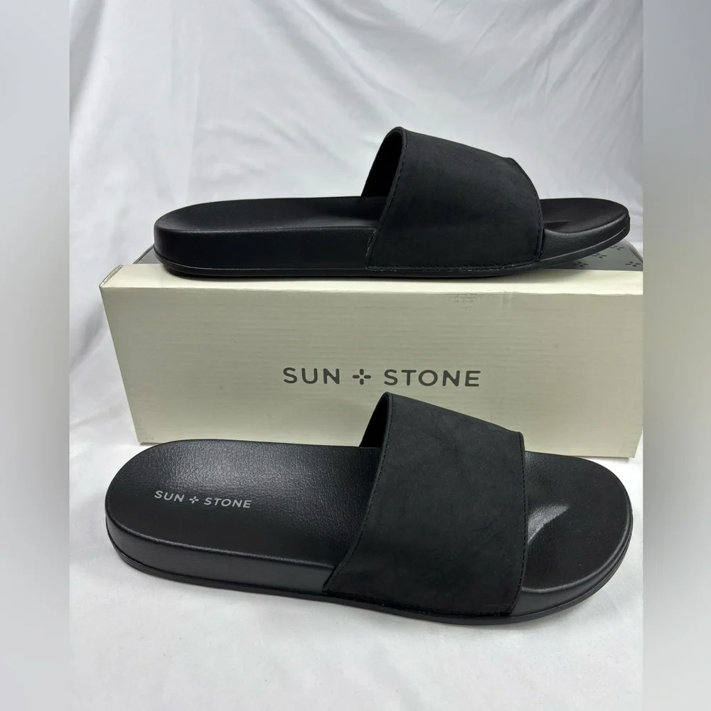 SUN + STONE “Ian” Black Slide Sandals • Size 12 Men’s  NWB‎
